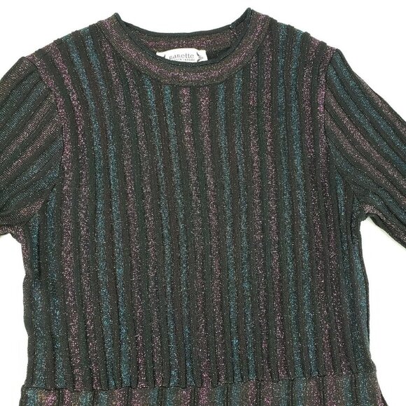 Nanette Lepore Metallic Fit Flare Dress Womens Medium Black Striped 3/4 Sleeve - Picture 5 of 15